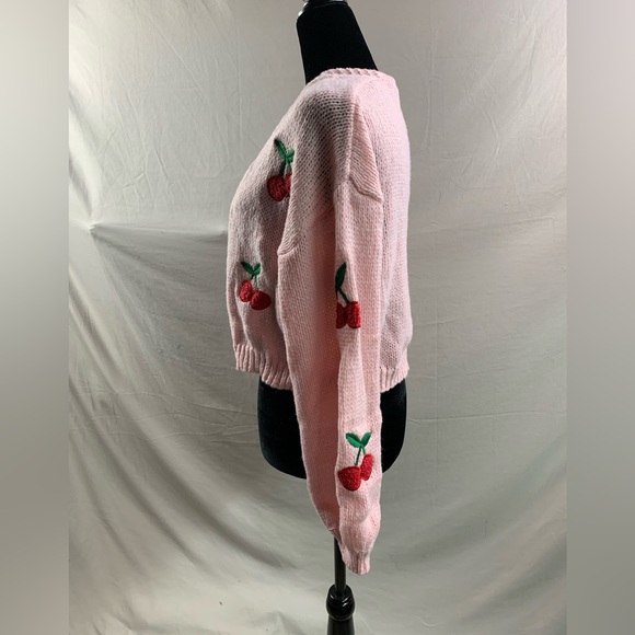 Pink Cherry Embroidery Lantern Sleeve Cardigan - Picture 9 of 10